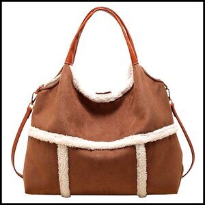 Large Suede Tote Bag with Faux Wool Lining, Adjustable Strap for Work Travel